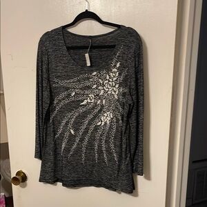Gray Long Sleeve Graphic Tunic with Metallic Design